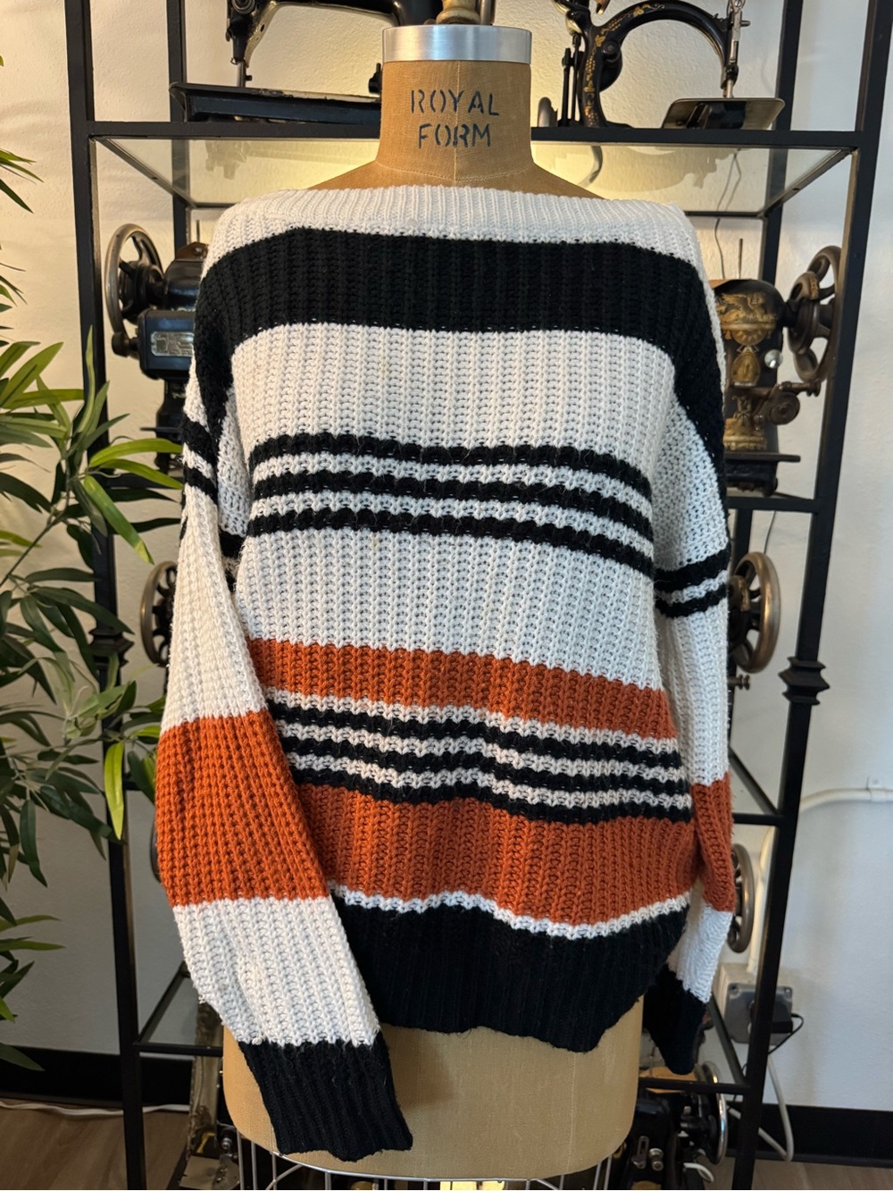 Striped Crewneck Sweater in White, Black & Rust